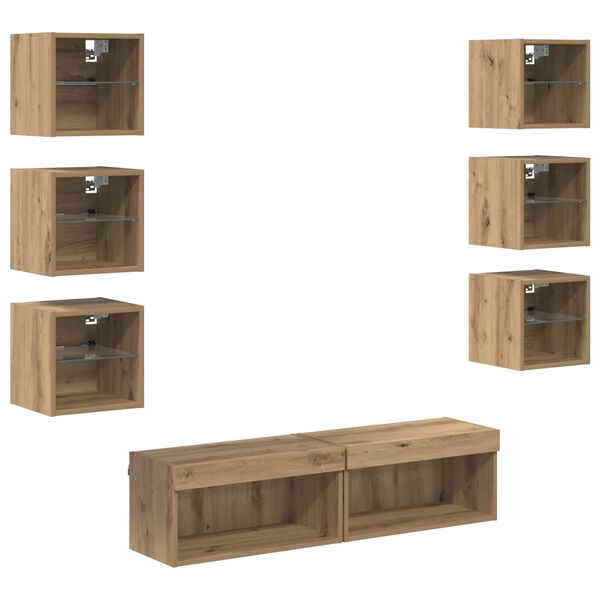 vidaXL Meuble TV avec des lumi&egrave;res &agrave; LED 8 pcs Ch&ecirc;ne artisanal Verre