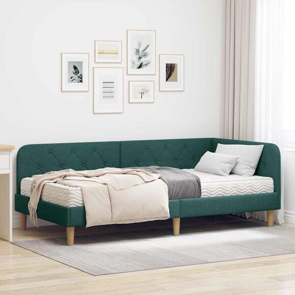 vidaXL Cadre de lit d'angle avec matelas Vert fonc&eacute; 90 x 190 cm tissu