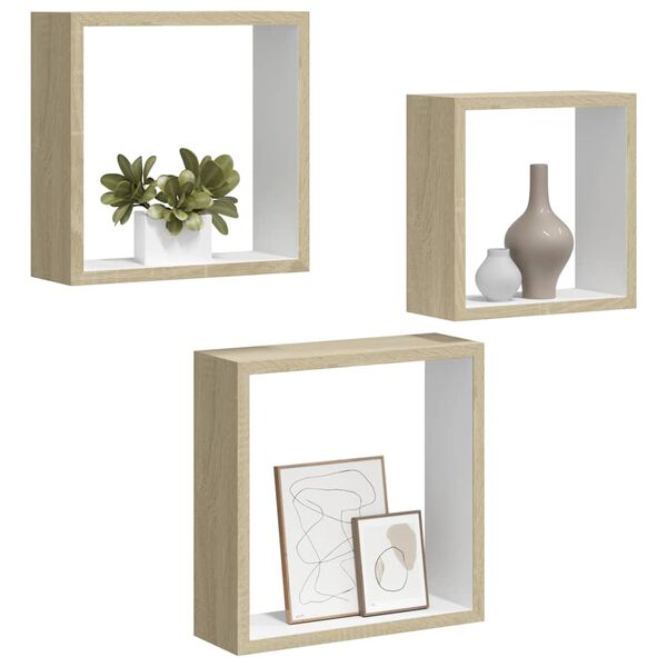 vidaXL &Eacute;tag&egrave;res murales sous forme de cube 3 pcs Blanc et ch&ecirc;ne sonoma