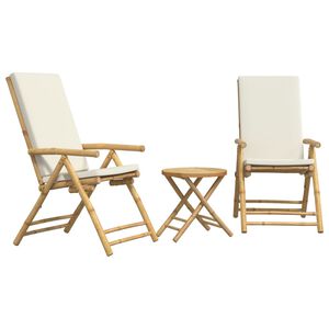 vidaXL Ensemble de bistro pliante 3 pcs et coussins blanc cr&egrave;me bambou
