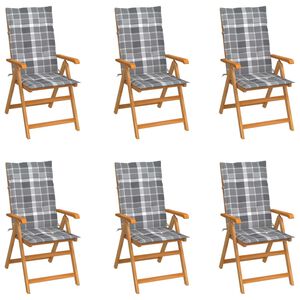 vidaXL Chaises pliantes, 6 coussins &agrave; carreaux gris, bois de teck massif