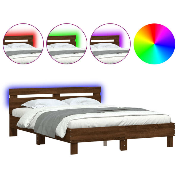 vidaXL Cadre de lit avec LED sans matelas ch&ecirc;ne marron 140x190 cm