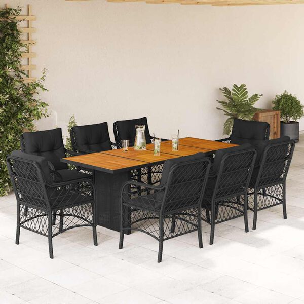 vidaXL Ensemble &agrave; manger de jardin 9pcs coussins noir r&eacute;sine tress&eacute;e