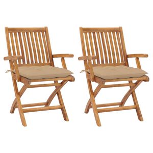 vidaXL Chaises pliantes (lot de 2) avec coussins beiges, en teck massif