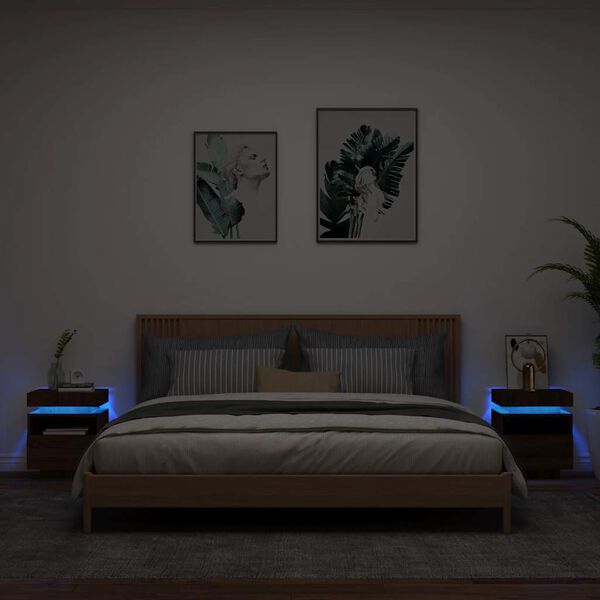 vidaXL Armoires de chevet avec lumi&egrave;res LED 2 pcs ch&ecirc;ne marron