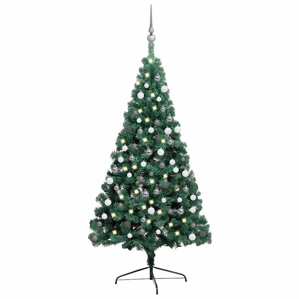vidaXL Demi-arbre de No&euml;l artificiel pr&eacute;-&eacute;clair&eacute; et boules vert 150 cm