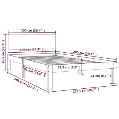 vidaXL Cadre de lit sans matelas marron miel pin massif 100x200 cm