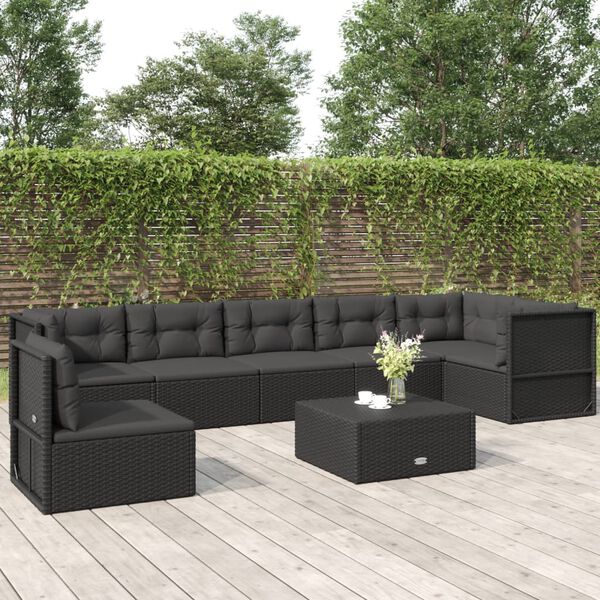 vidaXL Salon de jardin 7 pcs avec coussins Noir R&eacute;sine tress&eacute;e