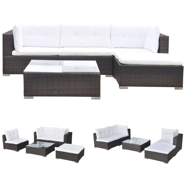 vidaXL Salon de jardin avec coussins 5 pcs R&eacute;sine tress&eacute;e Marron