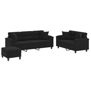 vidaXL Ensemble de canap&eacute;s 3 pcs avec coussins Noir Tissu microfibre