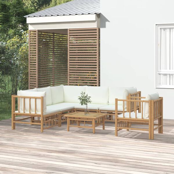 vidaXL Salon de jardin 7 pcs avec coussins blanc cr&egrave;me bambou