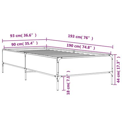 vidaXL Cadre de lit sonoma gris 90x190 cm bois d'ingénierie et métal