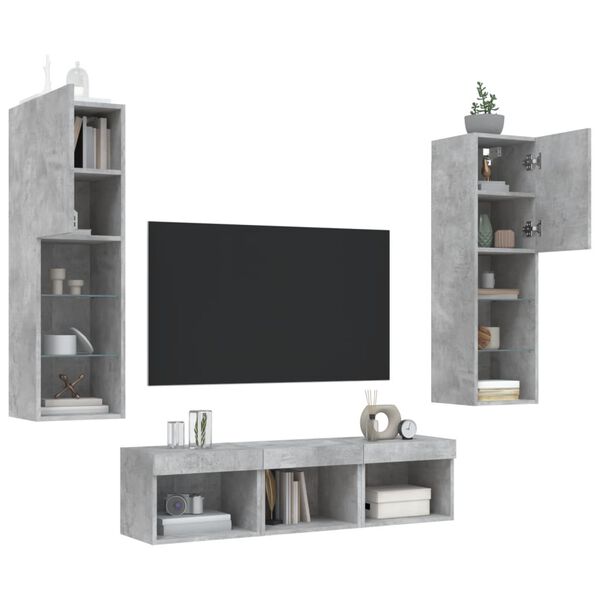 vidaXL Unit&eacute;s murales TV avec LED 5 pcs gris b&eacute;ton bois d'ing&eacute;nierie