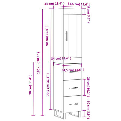 vidaXL Buffet haut Sonoma gris 34,5x34x180 cm Bois d'ingénierie