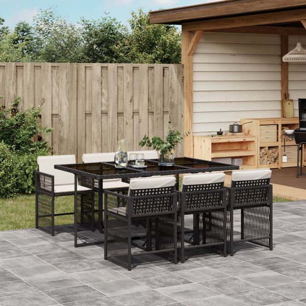 vidaXL Ensemble &agrave; manger de jardin coussins 7pcs Noir R&eacute;sine tress&eacute;e