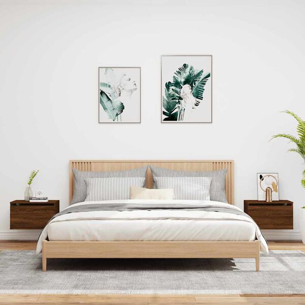 vidaXL Tables de chevet murales avec lumi&egrave;res LED 2 pcs ch&ecirc;ne marron