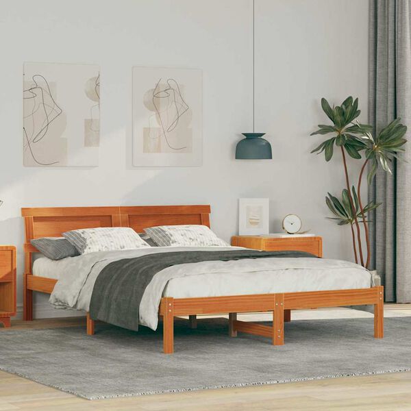 vidaXL Cadre de lit avec t&ecirc;te de lit Brun cire 140 x 190 cm Pin massif