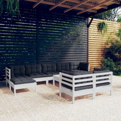 vidaXL Salon de jardin 10 pcs avec coussins blanc bois de pin solide