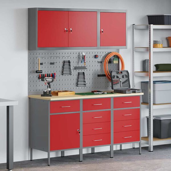 vidaXL Placard de travail 8 pcs Rouge Bois d'ing&eacute;nierie et acier