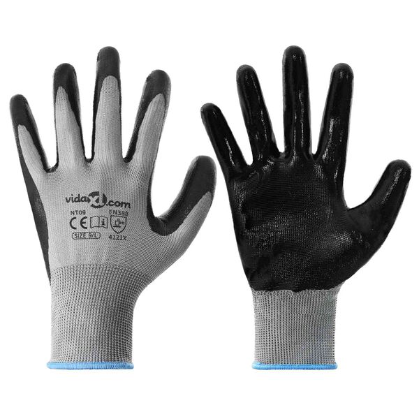 vidaXL Gants de Travail 12 pcs Gris et Noir 9 / l Polyester