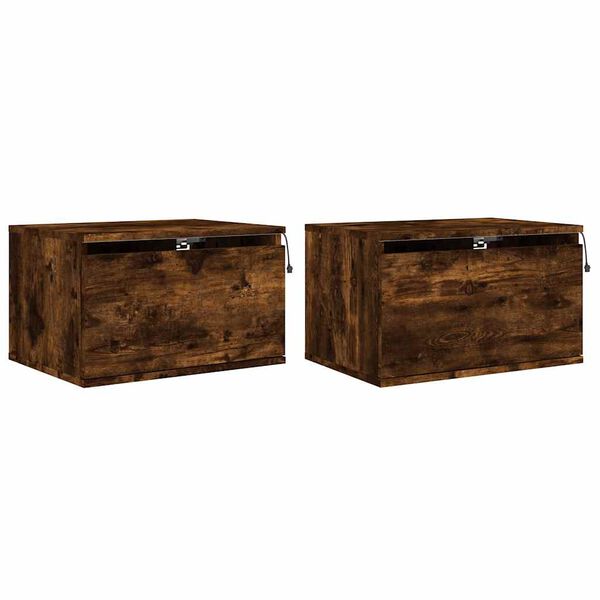 vidaXL Tables de chevet murales avec lumi&egrave;res LED 2 pcs ch&ecirc;ne fum&eacute;