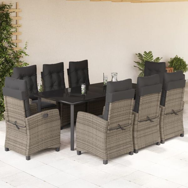 vidaXL Ensemble &agrave; manger de jardin 9 pcs coussins gris r&eacute;sine tress&eacute;e