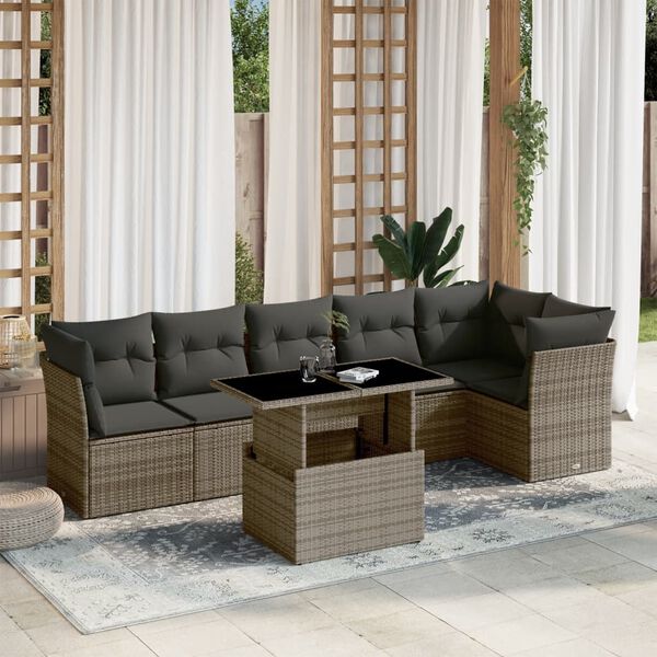 vidaXL Salon de jardin avec coussins 7 pcs gris r&eacute;sine tress&eacute;e