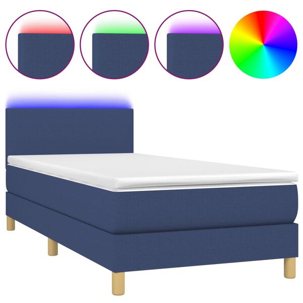 vidaXL Sommier &agrave; lattes de lit avec matelas et LED Bleu 90x190cm Tissu