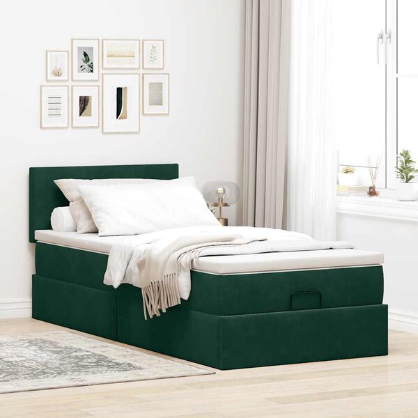 vidaXL Lit ottoman avec matelas et LED Vert fonc&eacute; 80x200cm velours