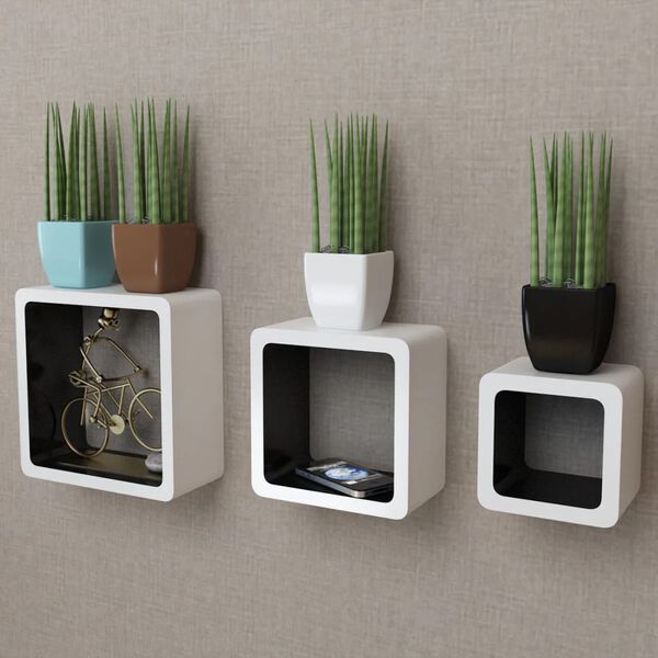 3 &Eacute;tag&egrave;res cubes murales et en MDF Blanc-Noir pour Livres/DVD