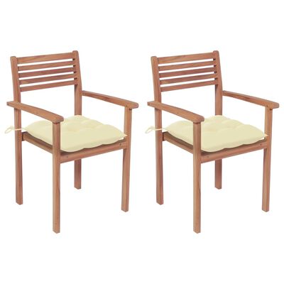 vidaXL Chaises de jardin lot de 2 et coussins crème Bois teck massif