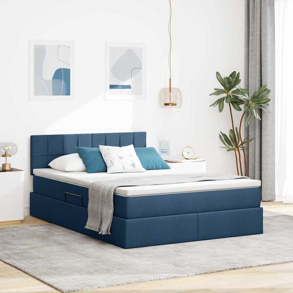 vidaXL Lit avec rangement et LED avec matelas Bleu 140 x 200 cm tissu