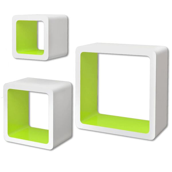 3 &Eacute;tag&egrave;res cubes murales et en MDF Blanc-Vert pour DVD/Livres