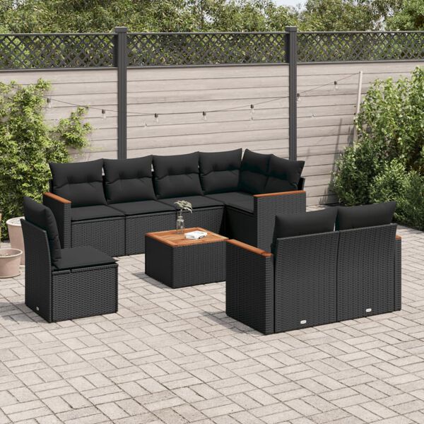 vidaXL Salon de jardin 9 pcs avec coussins noir r&eacute;sine tress&eacute;e