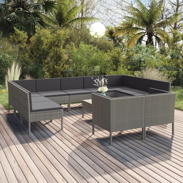 vidaXL Salon de jardin 12 pcs avec coussins R&eacute;sine tress&eacute;e Gris