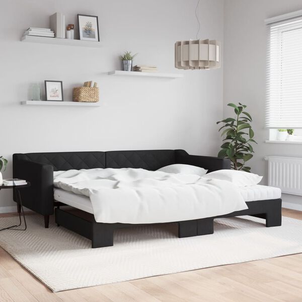 vidaXL Lit de jour avec gigogne et matelas noir 100x200 cm tissu