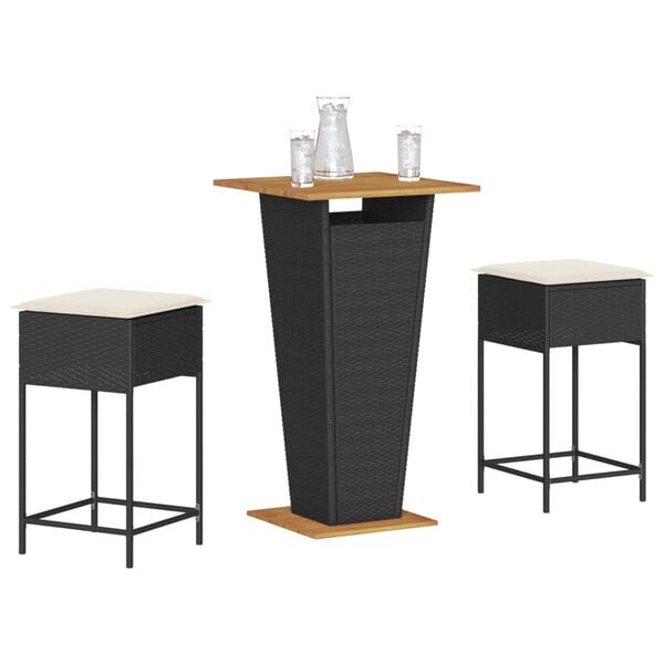 vidaXL Ensemble de bar de jardin 3 pcs avec coussins noir poly rotin
