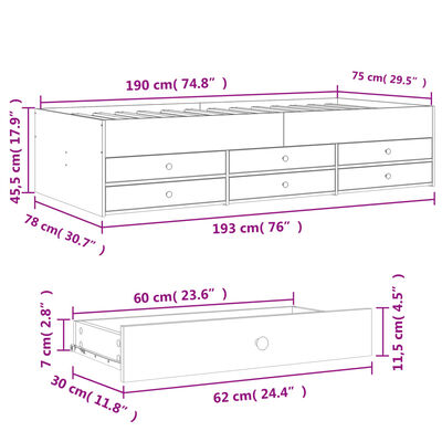 vidaXL Lit de jour avec tiroirs sans matelas chêne sonoma 75x190 cm