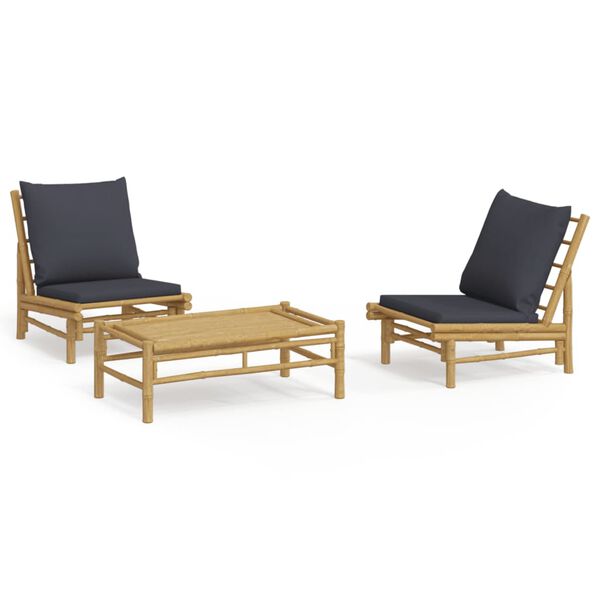 vidaXL Salon de jardin 3 pcs avec coussins gris fonc&eacute; bambou