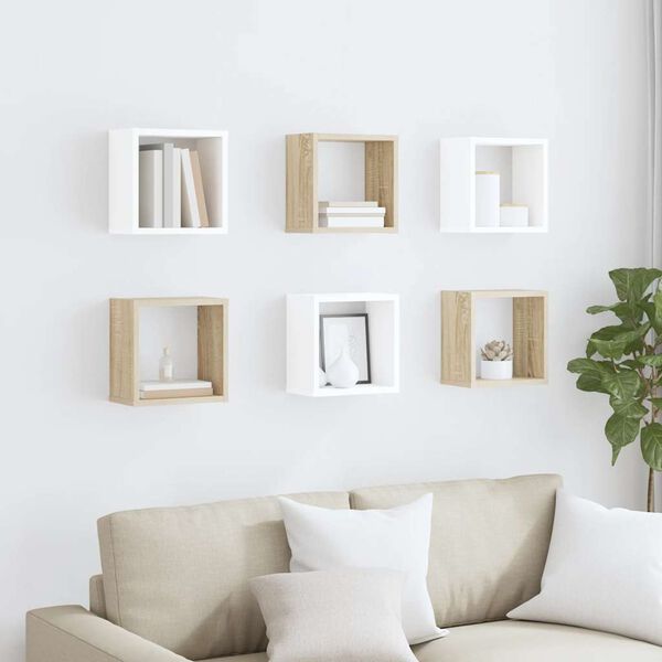 vidaXL &Eacute;tag&egrave;res cube murales 6 pcs Blanc et ch&ecirc;ne sonoma 26x15x26 cm