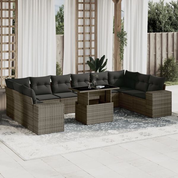 vidaXL Salon de jardin 11 pcs avec coussins gris r&eacute;sine tress&eacute;e