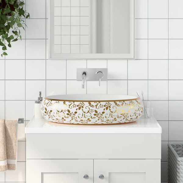 vidaXL Vasque &agrave; poser blanc et dor&eacute; ovale 59x40x15 cm c&eacute;ramique
