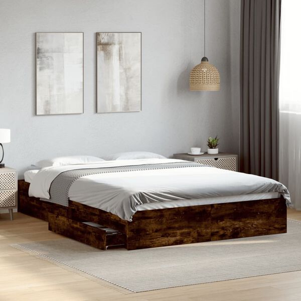 vidaXL Cadre de lit avec tiroirs sans matelas ch&ecirc;ne fum&eacute; 150x200 cm