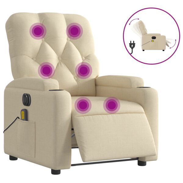 vidaXL Fauteuil inclinable de massage &eacute;lectrique cr&egrave;me tissu