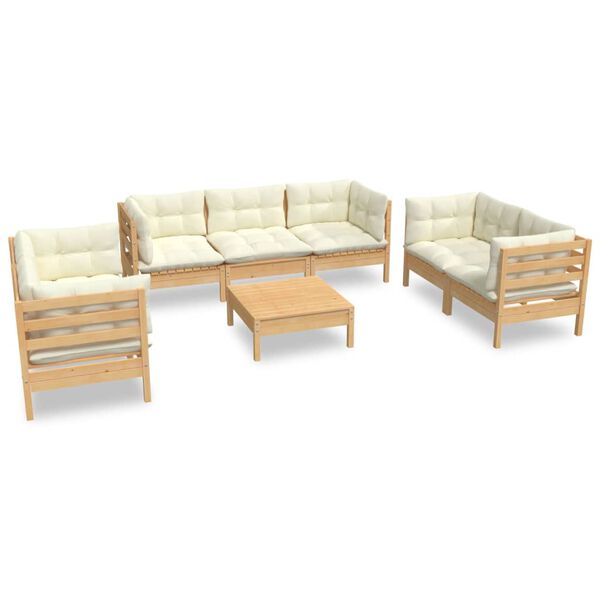 vidaXL Salon de jardin 8 pcs avec coussins cr&egrave;me Bois de pin massif