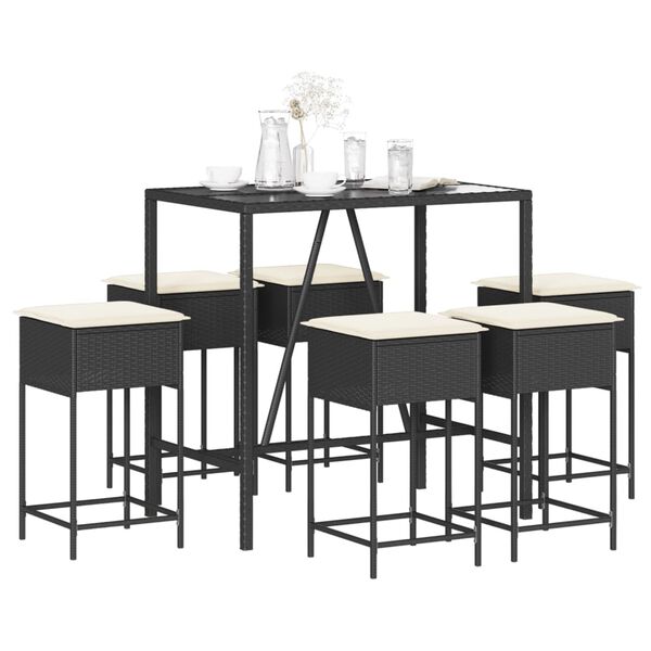 vidaXL Ensemble de bar de jardin 7 pcs avec coussins noir poly rotin