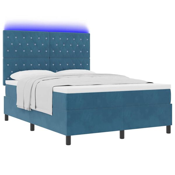 vidaXL Lit &agrave; ressort LED avec matelas Bleu fonc&eacute; 140 x 190 cm tissu