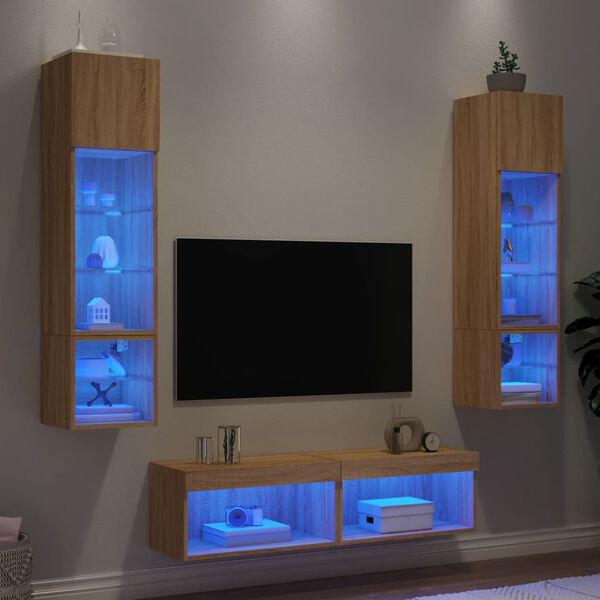 vidaXL Unit&eacute;s murales TV avec LED 6 pcs ch&ecirc;ne sonoma bois d'ing&eacute;nierie