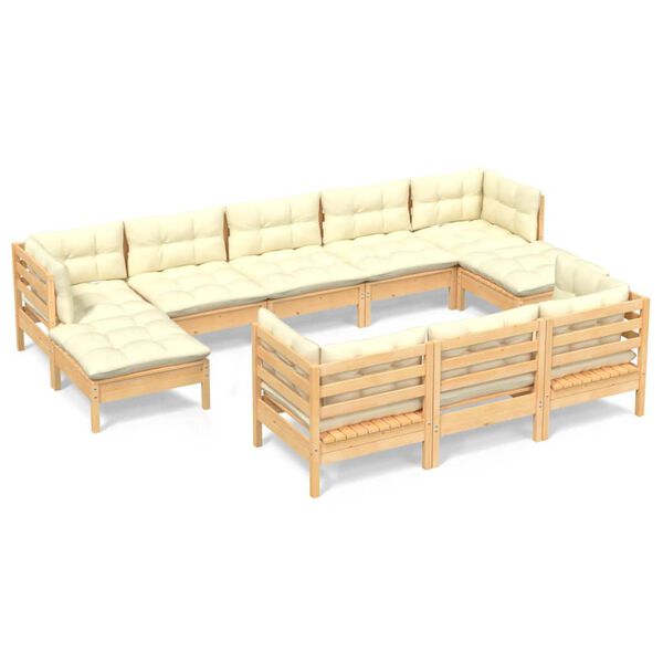 vidaXL Salon de jardin 10 pcs avec coussins cr&egrave;me bois de pin massif