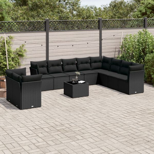 vidaXL Salon de jardin 11 pcs avec coussins noir r&eacute;sine tress&eacute;e